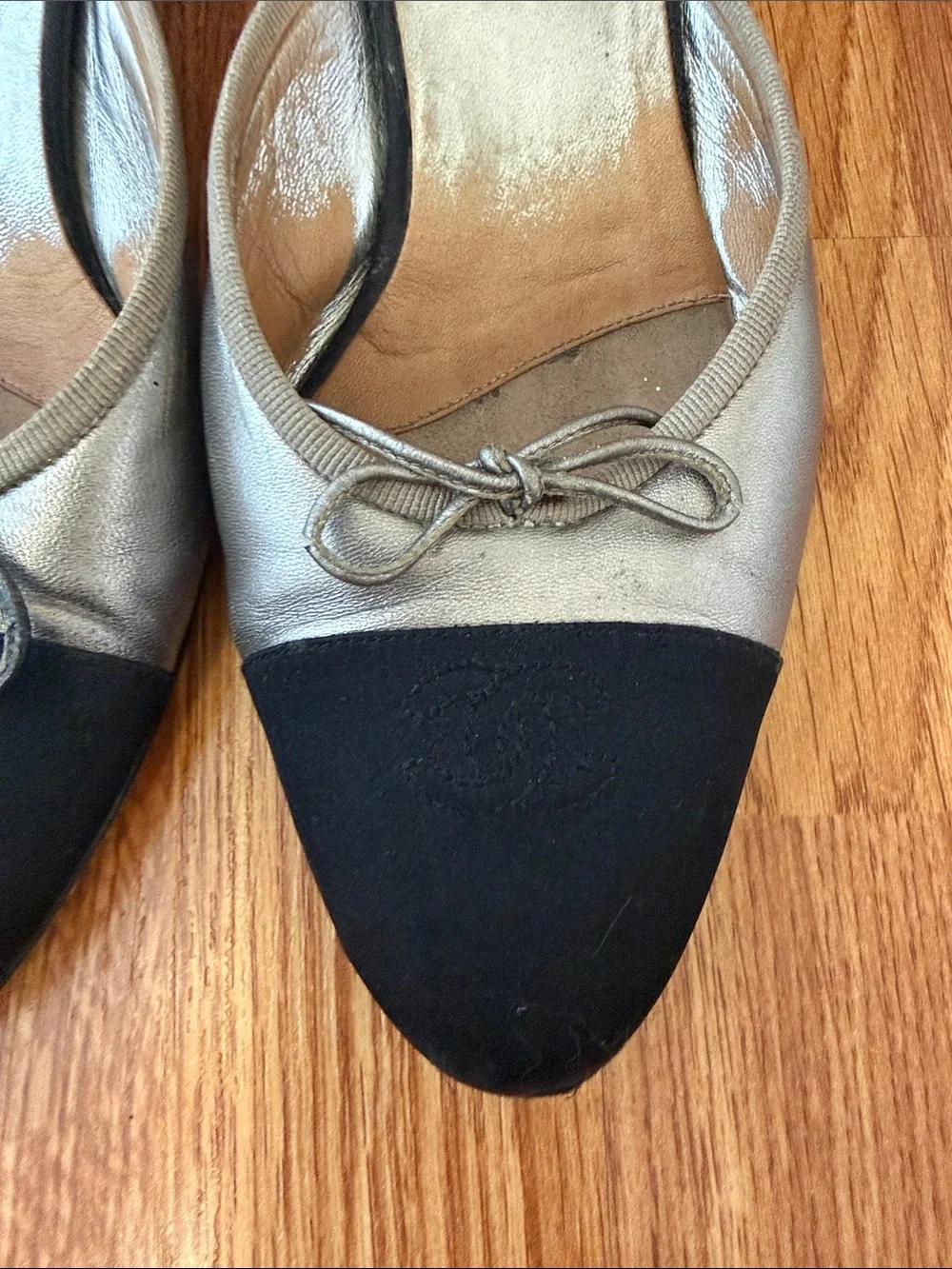 CHANEL Two-Tone Black and Silver Slip-On Mules